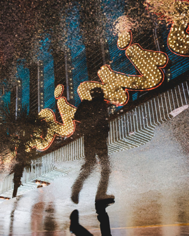 a reflection street photo from a rainy day in downtown Las Vegas.